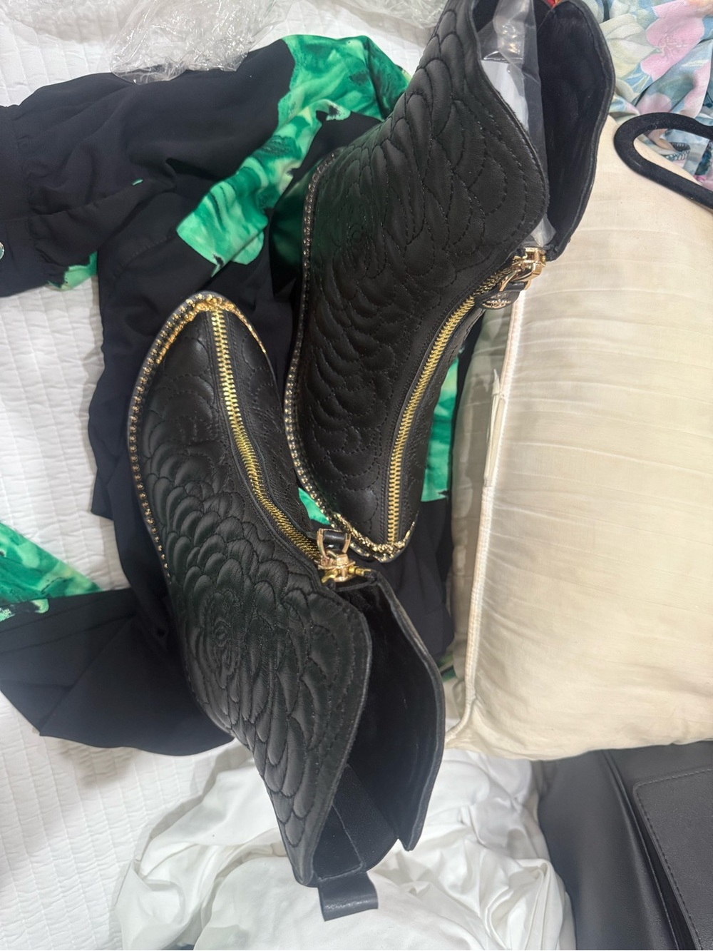Black Quilted Leather Zip Boots with Gold Trim - Picture 4 of 5